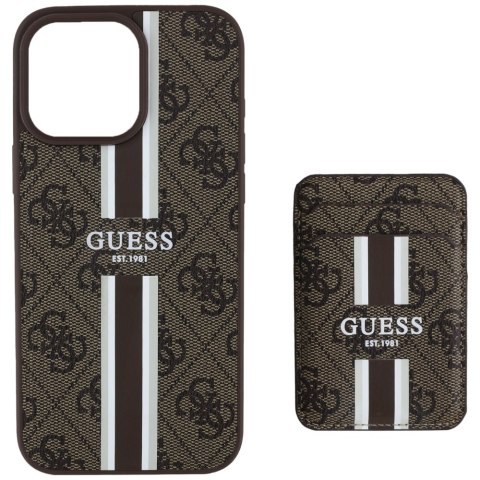 Etui Guess 4G Stripes z portfelem Magsafe do iPhone 16 Pro Max brązowy