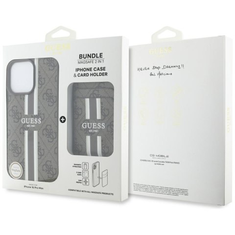 Etui Guess 4G Stripes z portfelem Magsafe do iPhone 16 Pro Max brązowy