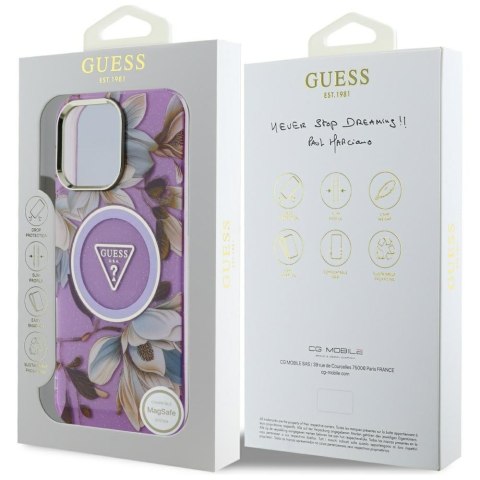 Etui Guess Glitter Flowers Triangle Buttons MagSafe do iPhone 16 Pro Max fioletowy