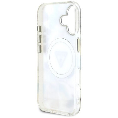 Etui Guess Glitter Flowers Triangle Buttons MagSafe do iPhone 16 biały