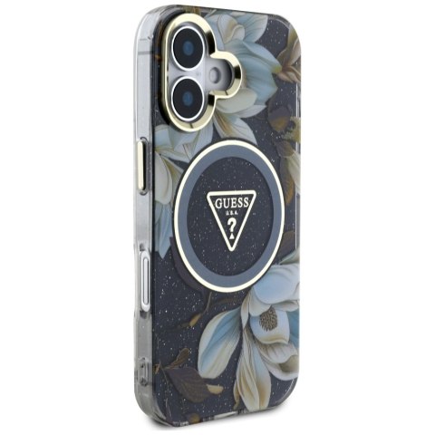 Etui Guess Glitter Flowers Triangle Buttons MagSafe do iPhone 16 czarny