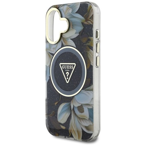 Etui Guess Glitter Flowers Triangle Buttons MagSafe do iPhone 16 czarny