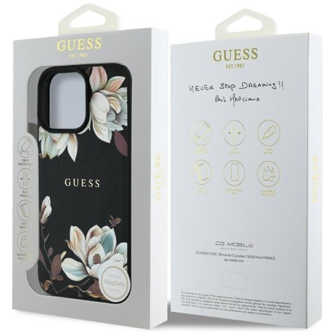 Etui Guess Grained Printed Flower Pattern MagSafe do iPhone 16 Pro Max czarny