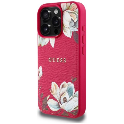 Etui Guess Grained Printed Flower Pattern MagSafe do iPhone 16 Pro Max fuksja