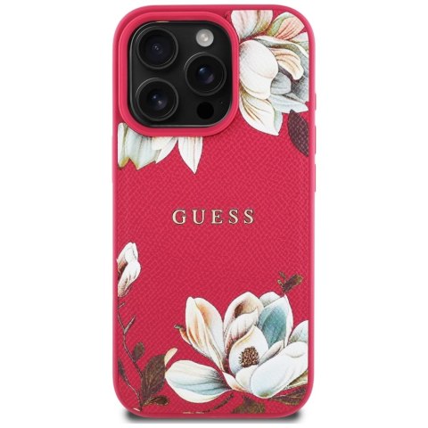 Etui Guess Grained Printed Flower Pattern MagSafe do iPhone 16 Pro Max fuksja