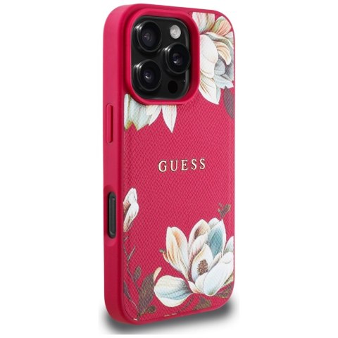 Etui Guess Grained Printed Flower Pattern MagSafe do iPhone 16 Pro Max fuksja