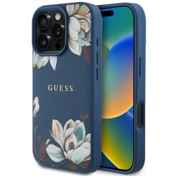 Etui Guess Grained Printed Flower Pattern MagSafe do iPhone 16 Pro Max niebieski