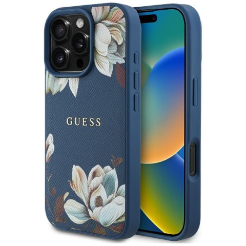 Etui Guess Grained Printed Flower Pattern MagSafe do iPhone 16 Pro Max niebieski