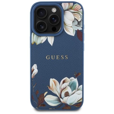 Etui Guess Grained Printed Flower Pattern MagSafe do iPhone 16 Pro Max niebieski