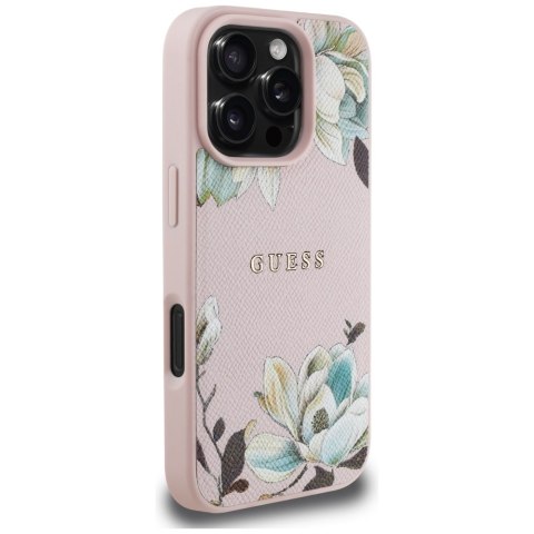 Etui Guess Grained Printed Flower Pattern MagSafe do iPhone 16 Pro Max różowy