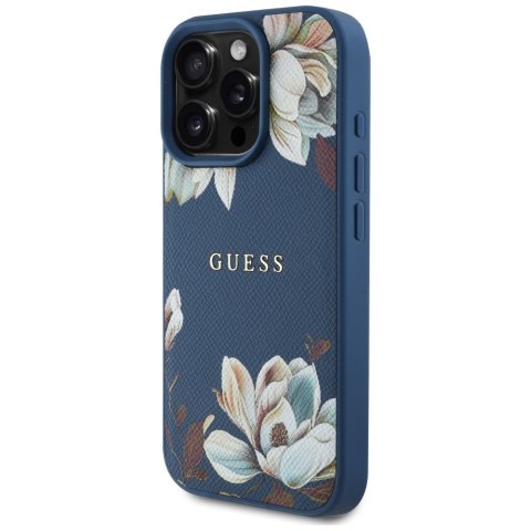 Etui Guess Grained Printed Flower Pattern MagSafe do iPhone 16 Pro niebieski