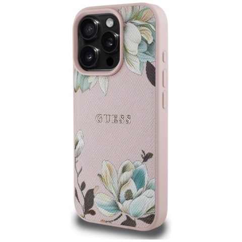 Etui Guess Grained Printed Flower Pattern MagSafe do iPhone 16 Pro różowy