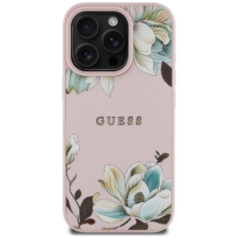 Etui Guess Grained Printed Flower Pattern MagSafe do iPhone 16 Pro różowy