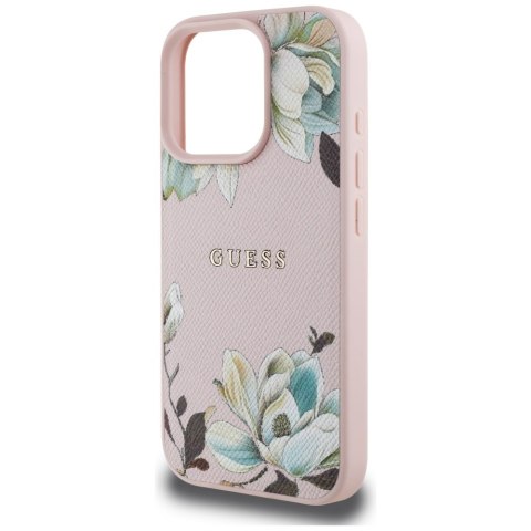Etui Guess Grained Printed Flower Pattern MagSafe do iPhone 16 Pro różowy
