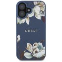 Etui Guess Grained Printed Flower Pattern MagSafe do iPhone 16 niebieski