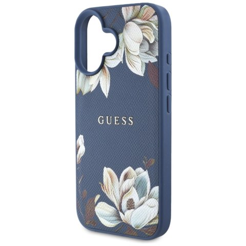 Etui Guess Grained Printed Flower Pattern MagSafe do iPhone 16 niebieski