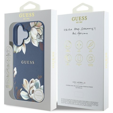 Etui Guess Grained Printed Flower Pattern MagSafe do iPhone 16 niebieski