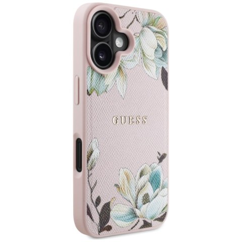 Etui Guess Grained Printed Flower Pattern MagSafe do iPhone 16 różowy