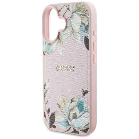 Etui Guess Grained Printed Flower Pattern MagSafe do iPhone 16 różowy