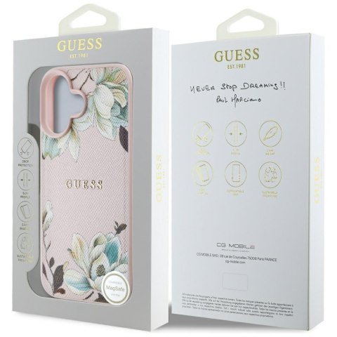 Etui Guess Grained Printed Flower Pattern MagSafe do iPhone 16 różowy