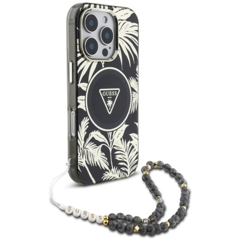 Etui Guess Palm Trees Triangle Pearl Strap MagSafe do iPhone 16 Pro Max czarny