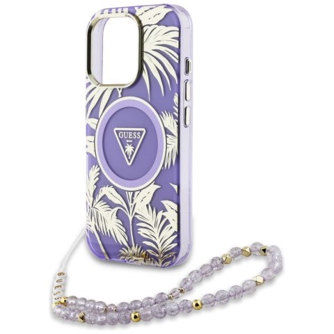 Etui Guess Palm Trees Triangle Pearl Strap MagSafe do iPhone 16 Pro Max fioletowy