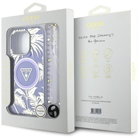 Etui Guess Palm Trees Triangle Pearl Strap MagSafe do iPhone 16 Pro Max fioletowy