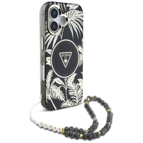 Etui Guess Palm Trees Triangle Pearl Strap MagSafe do iPhone 16 czarny