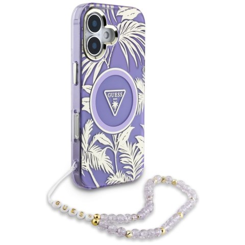 Etui Guess Palm Trees Triangle Pearl Strap MagSafe do iPhone 16 fioletowy