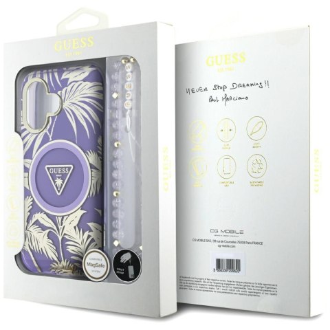 Etui Guess Palm Trees Triangle Pearl Strap MagSafe do iPhone 16 fioletowy
