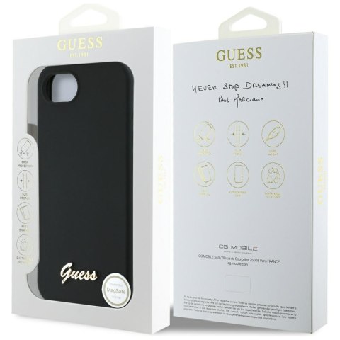 Etui Guess Silicone Script Metal Logo MagSafe do iPhone 16e czarny