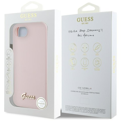 Etui Guess Silicone Script Metal Logo MagSafe do iPhone 16e różowy