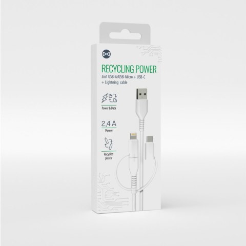 Forever kabel recycling 3w1 1,5m 2,4A USB-A - USB-C +microUSB+ Lightning KR3W1-00 biały