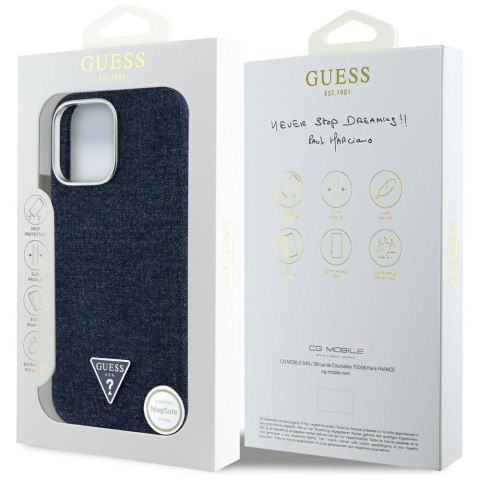 Etui Guess Denim Triangle Logo MagSafe do iPhone 16 Pro Max niebieski