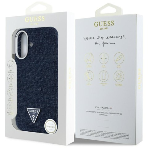 Etui Guess Denim Triangle Logo MagSafe do iPhone 16 niebieski