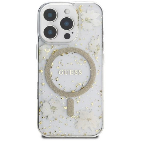Etui Guess Resin Flowers Glitter MagSafe do iPhone 16 Pro Max beżowy
