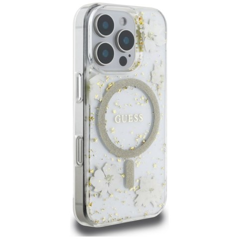 Etui Guess Resin Flowers Glitter MagSafe do iPhone 16 Pro Max beżowy