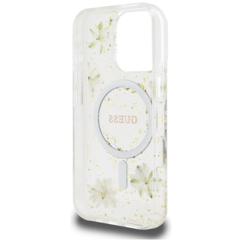 Etui Guess Resin Flowers Glitter MagSafe do iPhone 16 Pro Max beżowy