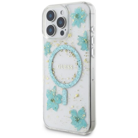 Etui Guess Resin Flowers Glitter MagSafe do iPhone 16 Pro Max turkusowy