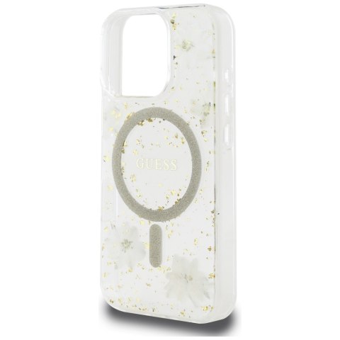 Etui Guess Resin Flowers Glitter MagSafe do iPhone 16 Pro beżowy