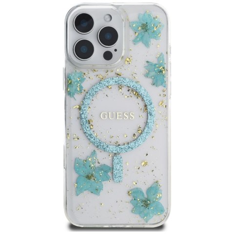 Etui Guess Resin Flowers Glitter MagSafe do iPhone 16 Pro turkusowy
