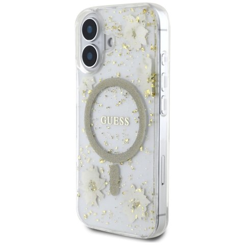 Etui Guess Resin Flowers Glitter MagSafe do iPhone 16 beżowy