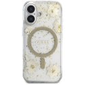 Etui Guess Resin Flowers Glitter MagSafe do iPhone 16 beżowy