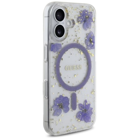 Etui Guess Resin Flowers Glitter MagSafe do iPhone 16 fioletowy