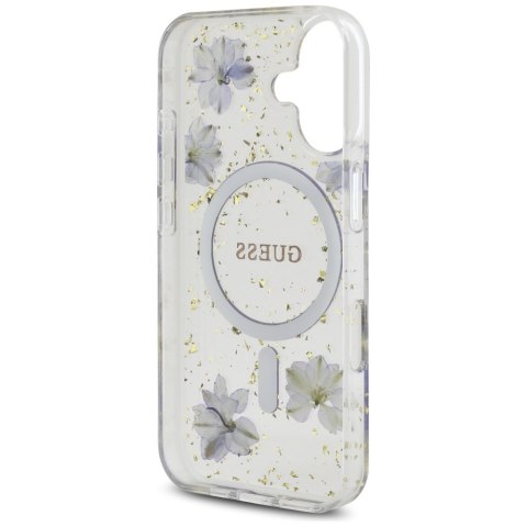 Etui Guess Resin Flowers Glitter MagSafe do iPhone 16 fioletowy
