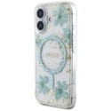 Etui Guess Resin Flowers Glitter MagSafe do iPhone 16 turkusowy