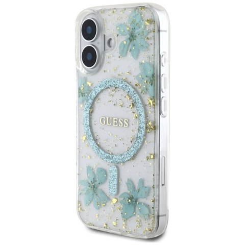 Etui Guess Resin Flowers Glitter MagSafe do iPhone 16 turkusowy