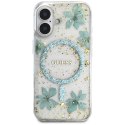 Etui Guess Resin Flowers Glitter MagSafe do iPhone 16 turkusowy