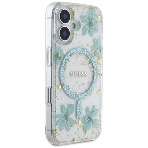 Etui Guess Resin Flowers Glitter MagSafe do iPhone 16 turkusowy