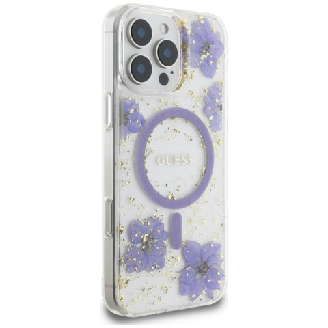Etui Guess Resin Flowers MagSafe do iPhone 16 Pro fioletowy